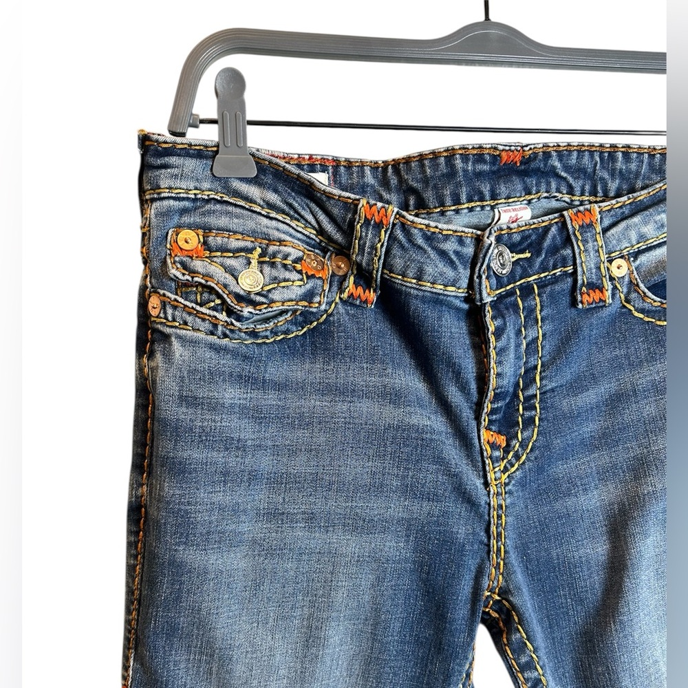 Women’s True Religion Y2K Orange Stitch Billie Mid Rise Straight Jeans Size 32 - Picture 2 of 7